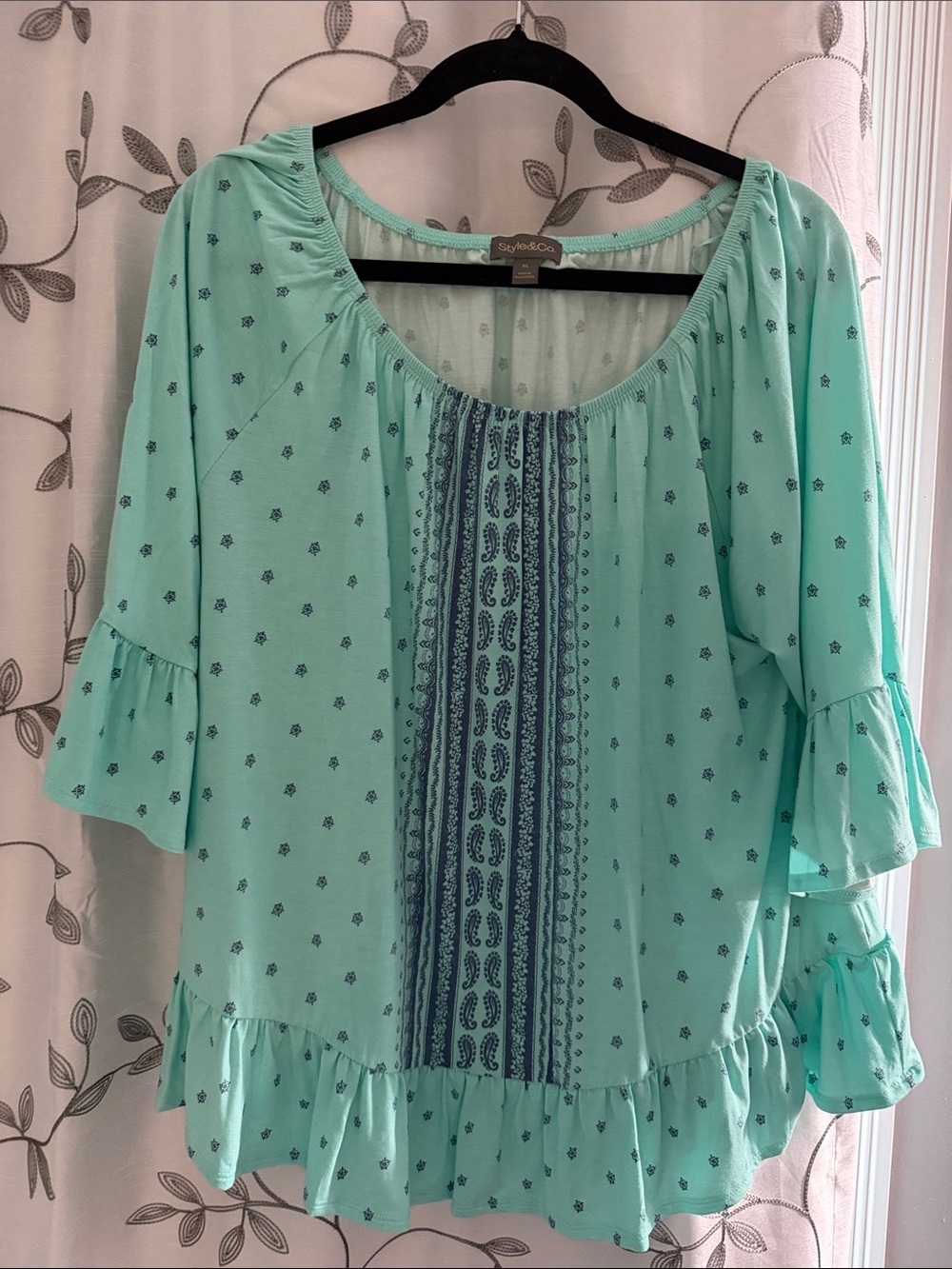 Style & Co. Mint Green Peasant Top with Blue Paisley Panel